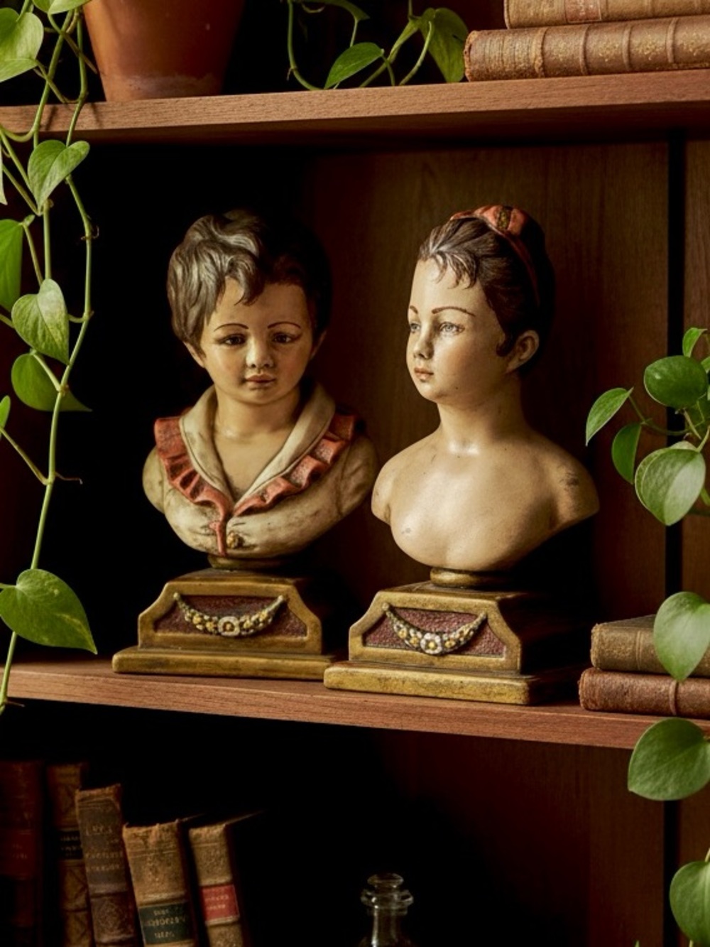 Vintage Chalkware Boy & Girl Bust Bookends - Hand-Painted Victorian Style